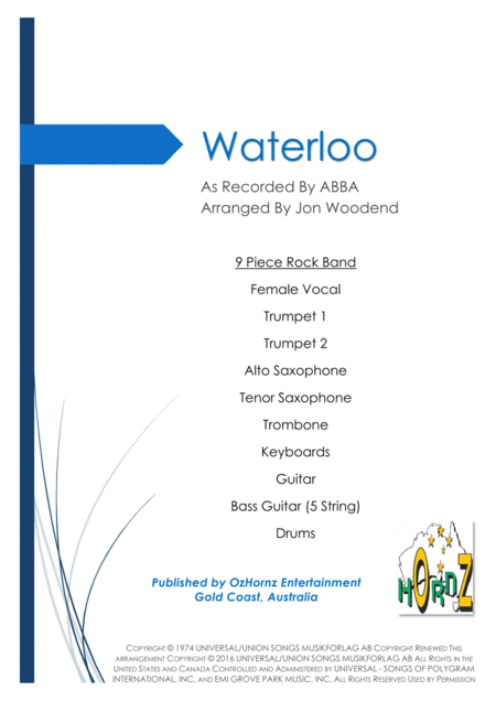 Free Sheet Music Waterloo 9 Piece Pop Rock Chart