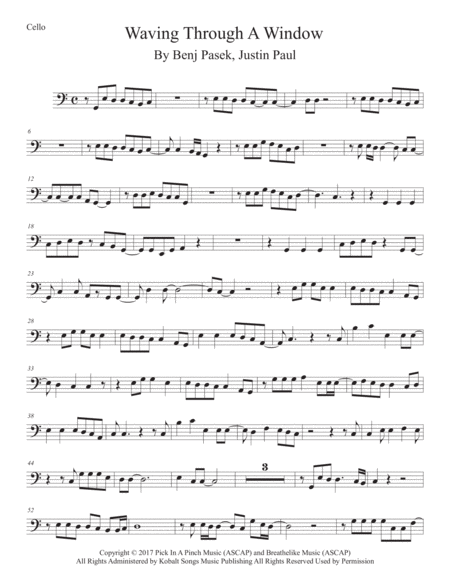 Waving Through A Window Easy Key Of C Cello Sheet Music