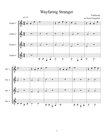 Wayfaring Stranger For Guitar Quartet Sheet Music