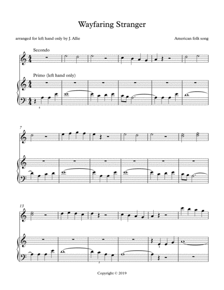 Wayfaring Stranger For Left Hand Only Sheet Music