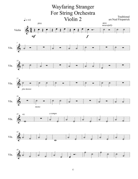 Wayfaring Stranger For String Orchestra Violin 2 Arr Neal Fitzpatrick Sheet Music