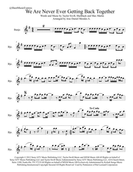 Free Sheet Music We Are Never Ever Getting Back Together For Banjo