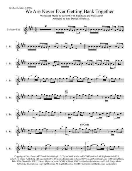 Free Sheet Music We Are Never Ever Getting Back Together For Baritone Sax