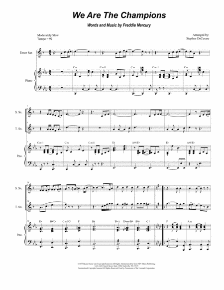 We Are The Champions Duet For Soprano And Tenor Saxophone Sheet Music