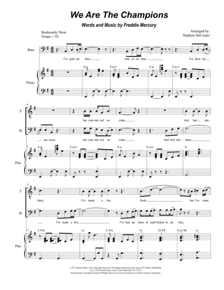 We Are The Champions Duet For Tenor And Bass Solo Sheet Music