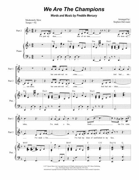Free Sheet Music We Are The Champions For 2 Part Choir