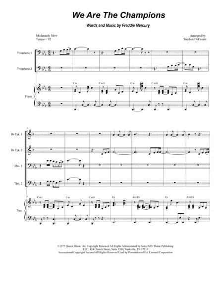 Free Sheet Music We Are The Champions For Brass Quartet And Piano Alternate Version