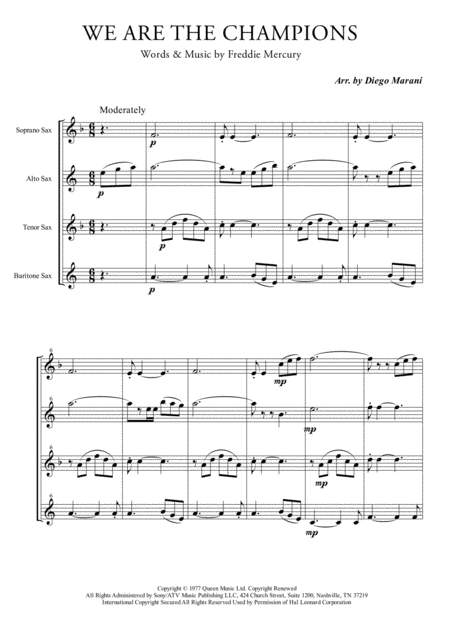 Free Sheet Music We Are The Champions For Saxophone Quartet