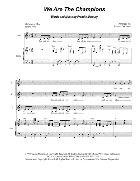 Free Sheet Music We Are The Champions For Ssa