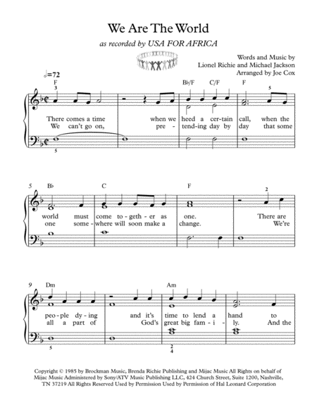 Free Sheet Music We Are The World Beginner Edition