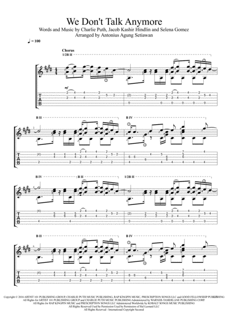 We Dont Talk Anymore Fingerstyle Guitar Solo Sheet Music