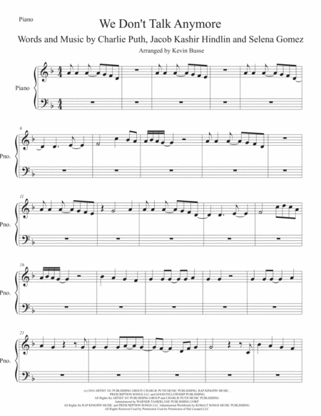 We Dont Talk Anymore Piano Sheet Music