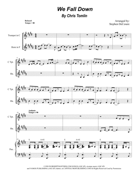 Free Sheet Music We Fall Down Duet For C Trumpet And French Horn