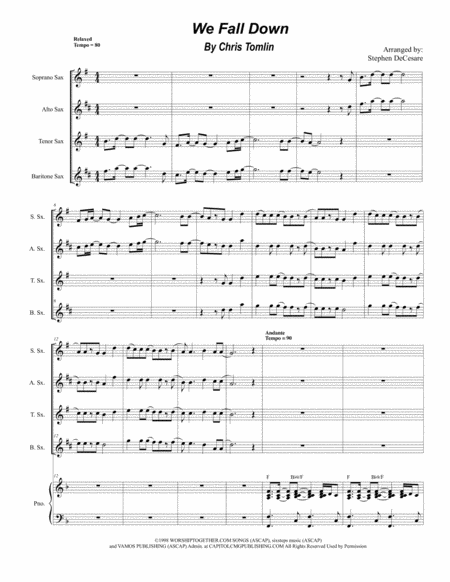 Free Sheet Music We Fall Down For Saxophone Quartet And Piano