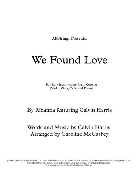 Free Sheet Music We Found Love Piano Quartet Violin Viola Cello And Piano