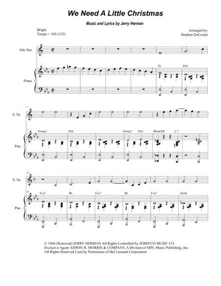 We Need A Little Christmas Duet For Soprano And Alto Saxophone Sheet Music