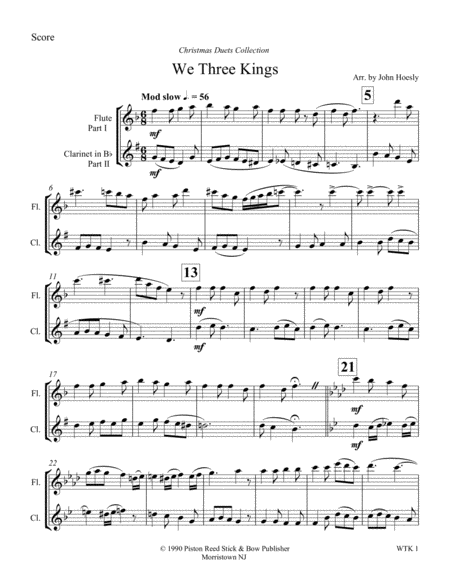 We Three Kings Duet Flute And Clarinet Sheet Music