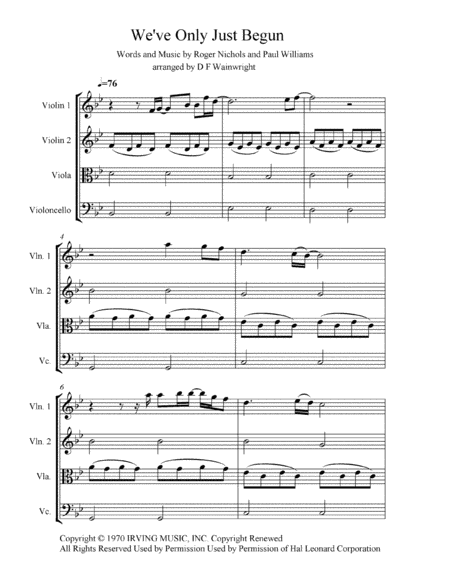 We Ve Only Just Begun Arranged For String Quartet Score And Parts Mp3 Sheet Music