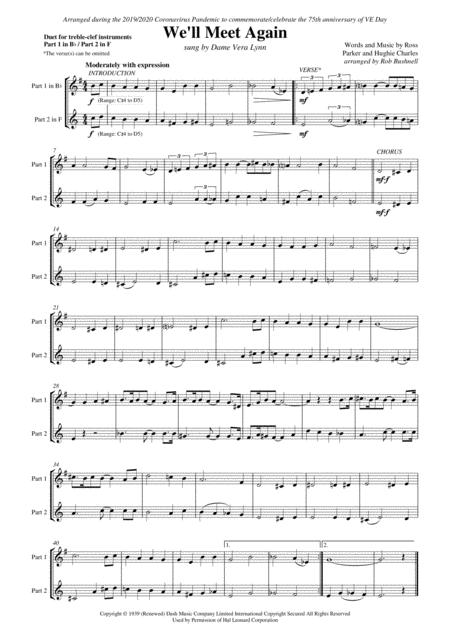 We Will Meet Again Vera Lynn Duet For Two Treble Clef Instruments Part 1 In B Flat Part 2 In F Sheet Music