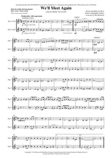 We Will Meet Again Vera Lynn Duet For Two Treble Clef Instruments Part 1 In E Flat Part 2 In B Flat Sheet Music