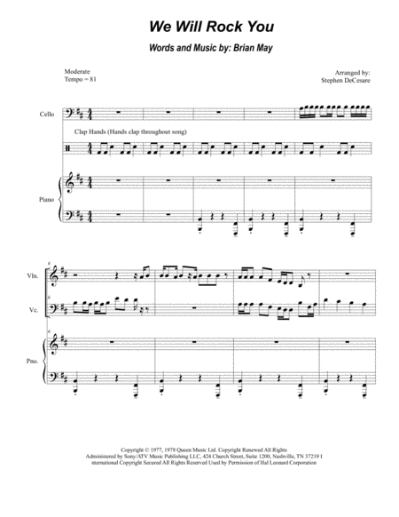 We Will Rock You Duet For Violin And Cello Sheet Music