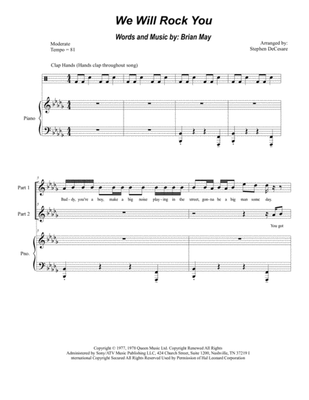 We Will Rock You For 2 Part Choir Sheet Music