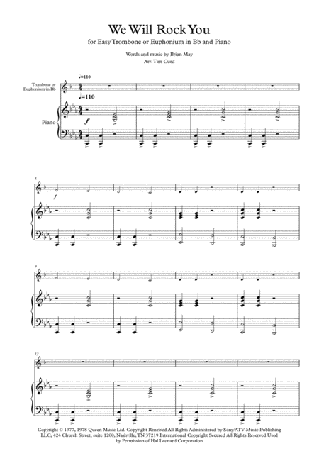 Free Sheet Music We Will Rock You For Easy Solo Trombone Euphonium Treble Clef Bb And Piano