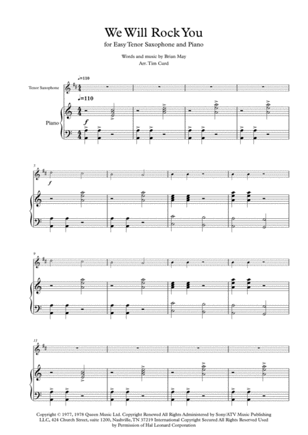 Free Sheet Music We Will Rock You For Easy Tenor Saxophone And Piano