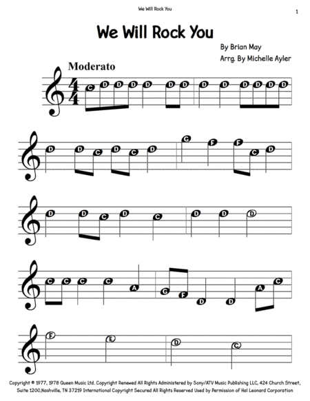 Free Sheet Music We Will Rock You Note Names