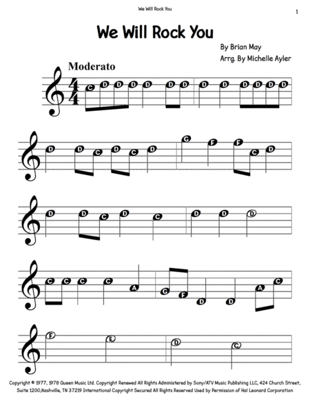 We Will Rock You Note Names Sheet Music