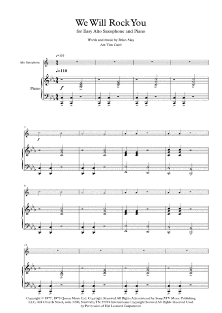 Free Sheet Music We Will Rock You Solo For Easy Alto Saxophone And Piano