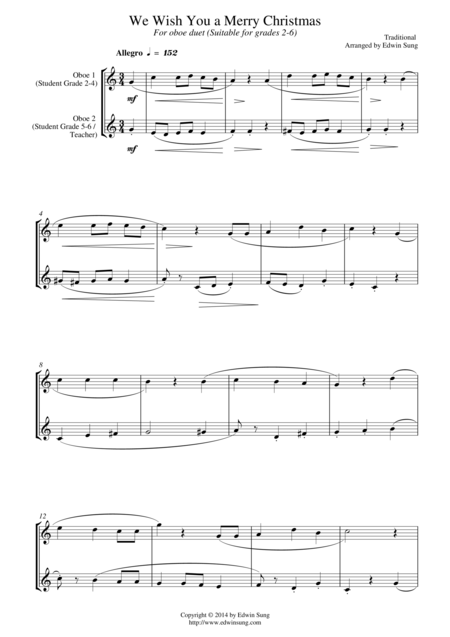 Free Sheet Music We Wish You A Merry Christmas For Oboe Duet Suitable For Grades 2 6