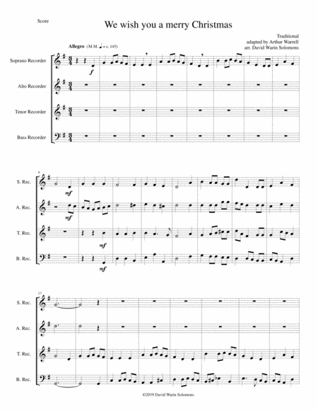 Free Sheet Music We Wish You A Merry Christmas For Recorder Quartet