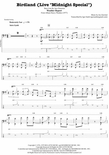 Weather Report Jaco Pastorius Birdland Live Midnight Special Complete And Accurate Bass Transcription Whit Tab Sheet Music