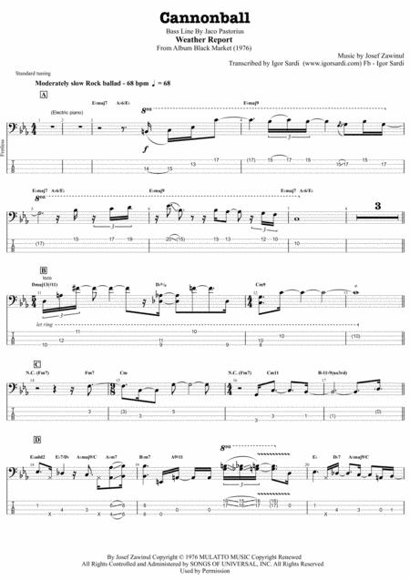 Weather Report Jaco Pastorius Cannonball Complete And Accurate Bass Transcription Whit Tab Sheet Music