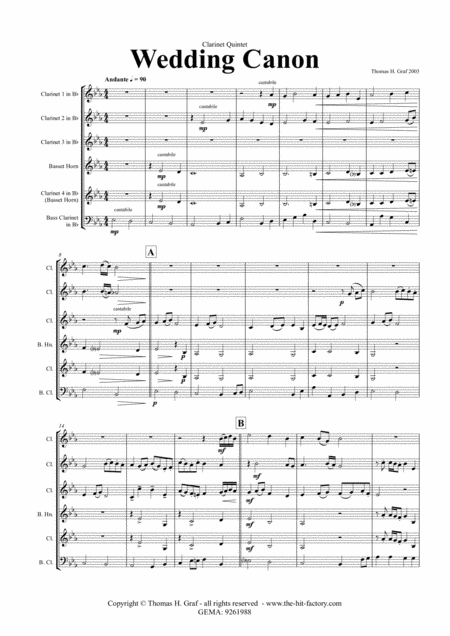 Wedding Canon Festive Concert Piece Clarinet Quintet Sheet Music