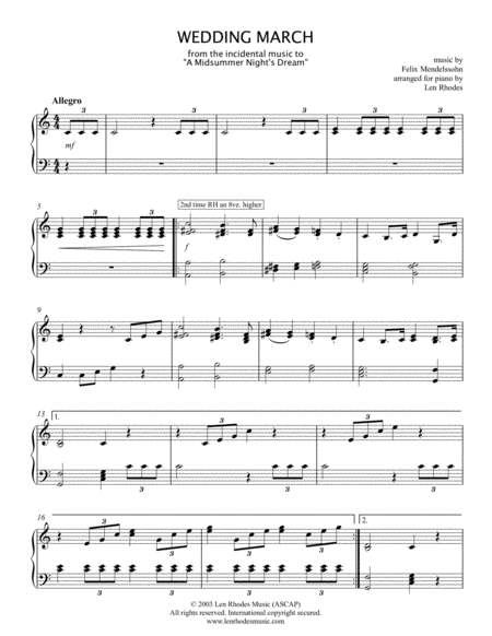 Wedding March Felix Mendelssohn For Piano Solo Sheet Music