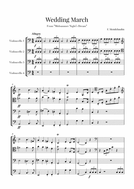 Wedding March For Cello Quartet Mendelssohn Sheet Music