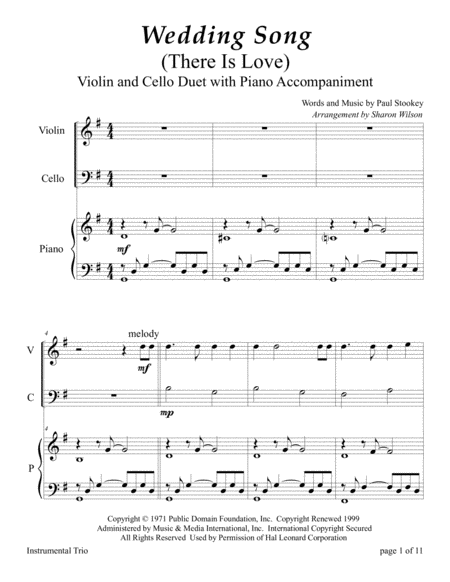 Wedding Song There Is Love Violin And Cello Duet With Piano Accompaniment Sheet Music