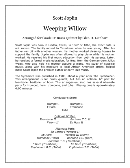 Weeping Willow A Ragtime Two Step Brass Quintet Sheet Music