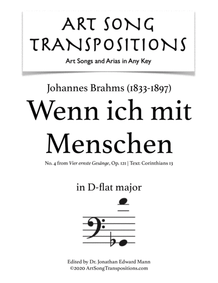 Free Sheet Music Wenn Ich Mit Menschen Und Mit Engelzungen Redete Op 121 No 4 Transposed To D Flat Major Bass Clef