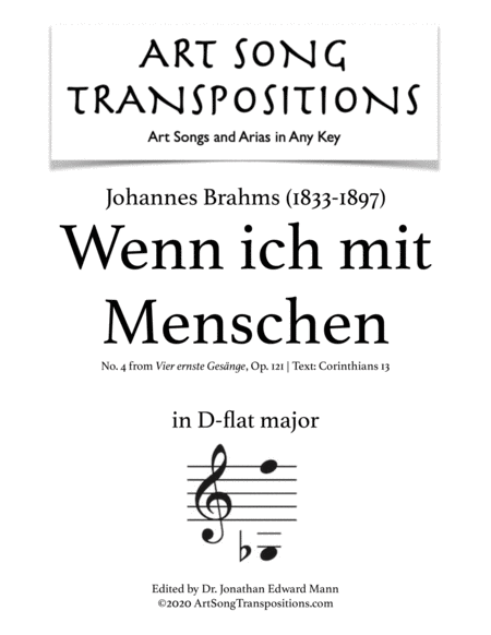 Free Sheet Music Wenn Ich Mit Menschen Und Mit Engelzungen Redete Op 121 No 4 Transposed To D Flat Major