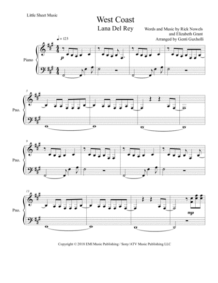 West Coast Piano Solo Sheet Music