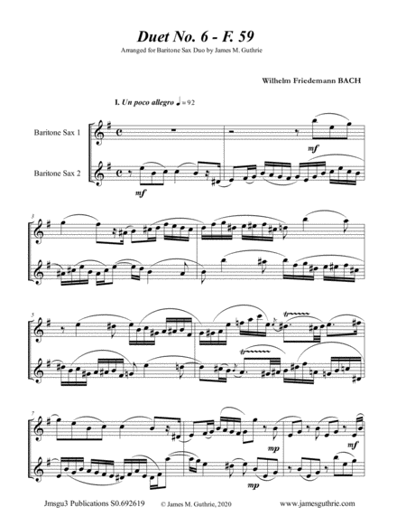 Free Sheet Music Wf Bach Duet No 6 For Baritone Sax Duo