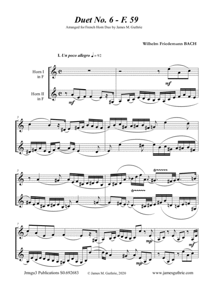 Wf Bach Duet No 6 For French Horn Duo Sheet Music