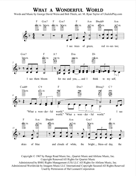 What A Wonderful World Vocal Solo Duet Trio With Ukulele Chords Sheet Music