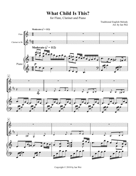 Free Sheet Music What Child Is This For Flute Clarinet And Piano