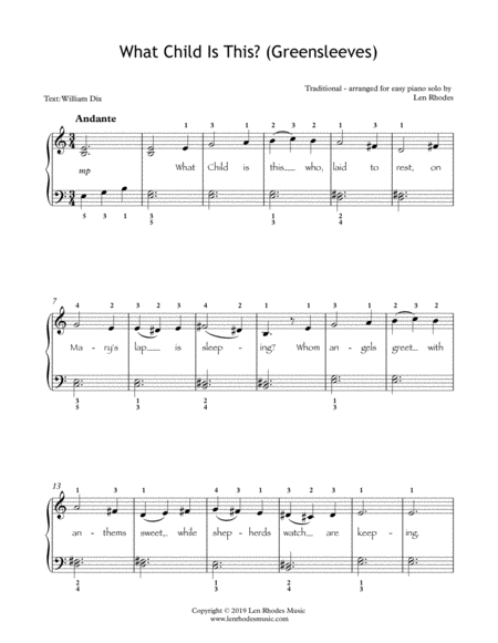 Free Sheet Music What Child Is This Greensleeves For Easy Piano Solo