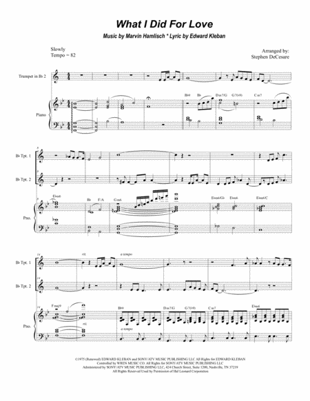 Free Sheet Music What I Did For Love Duet For Bb Trumpet