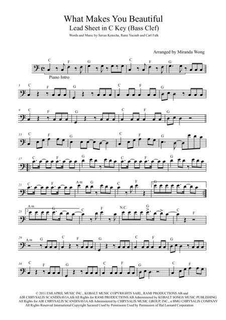 What Makes You Beautiful Cello Or Double Bass Solo In C Key With Chords Sheet Music